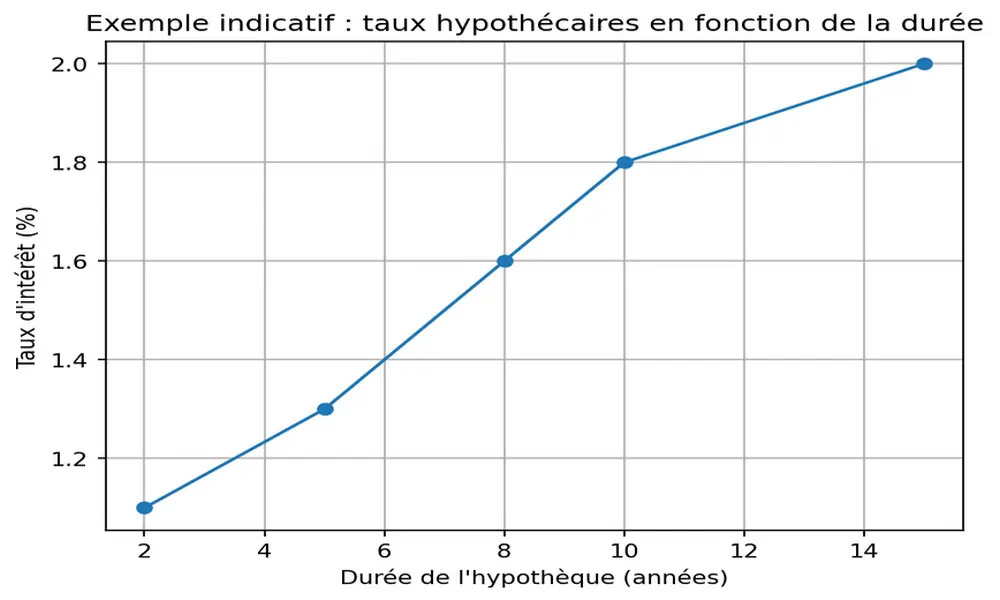 Prêt immobilier en Suisse : courbe démontrant les taux imaginables en fonction du choix de la durée